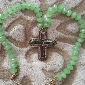 Heidi Daus ~ Pale Green Beads & Cross Necklace